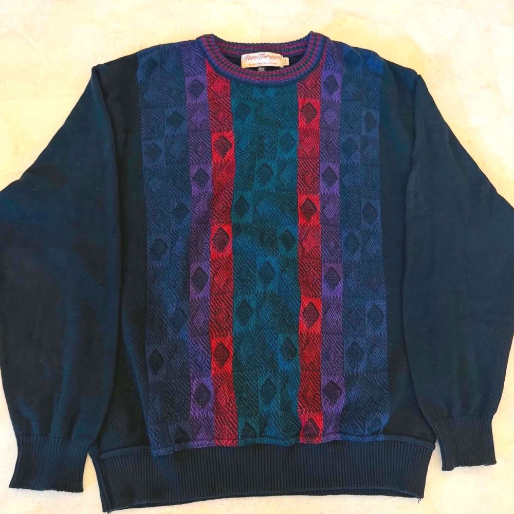 Vintage Norm Thompson Mens Large Geometric Intarsia Knit Crewneck Sweater Canada
